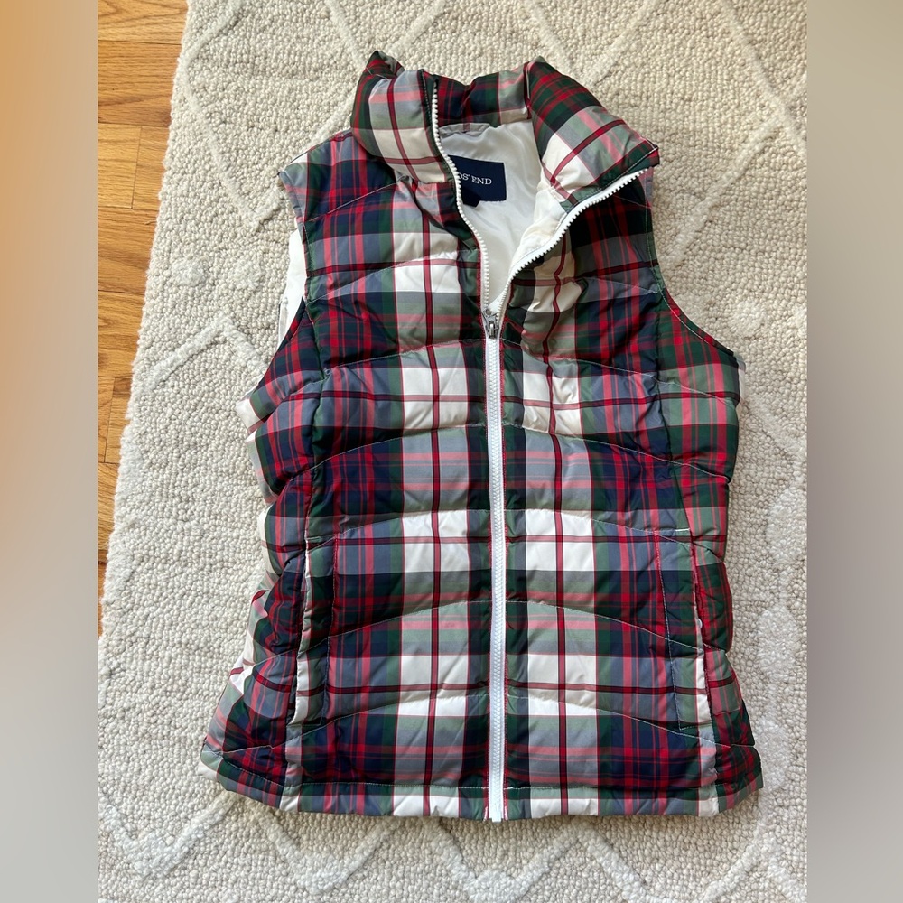 Lands' End Women's Plaid Puffer Vest - Red, Green, White and blue